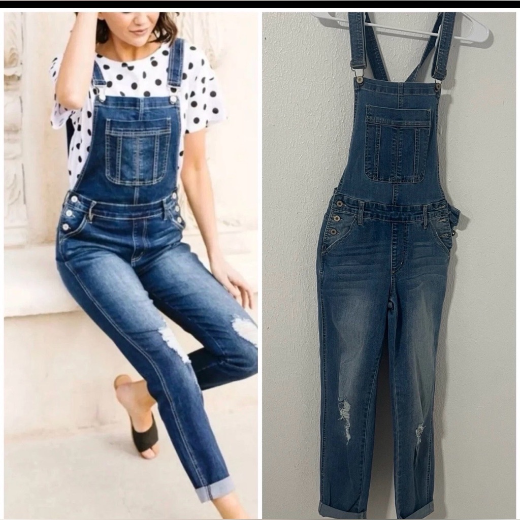 Kancan Women’s Size Large Dark Wash Distressed Overall Jeans Cuffed Cottagecore